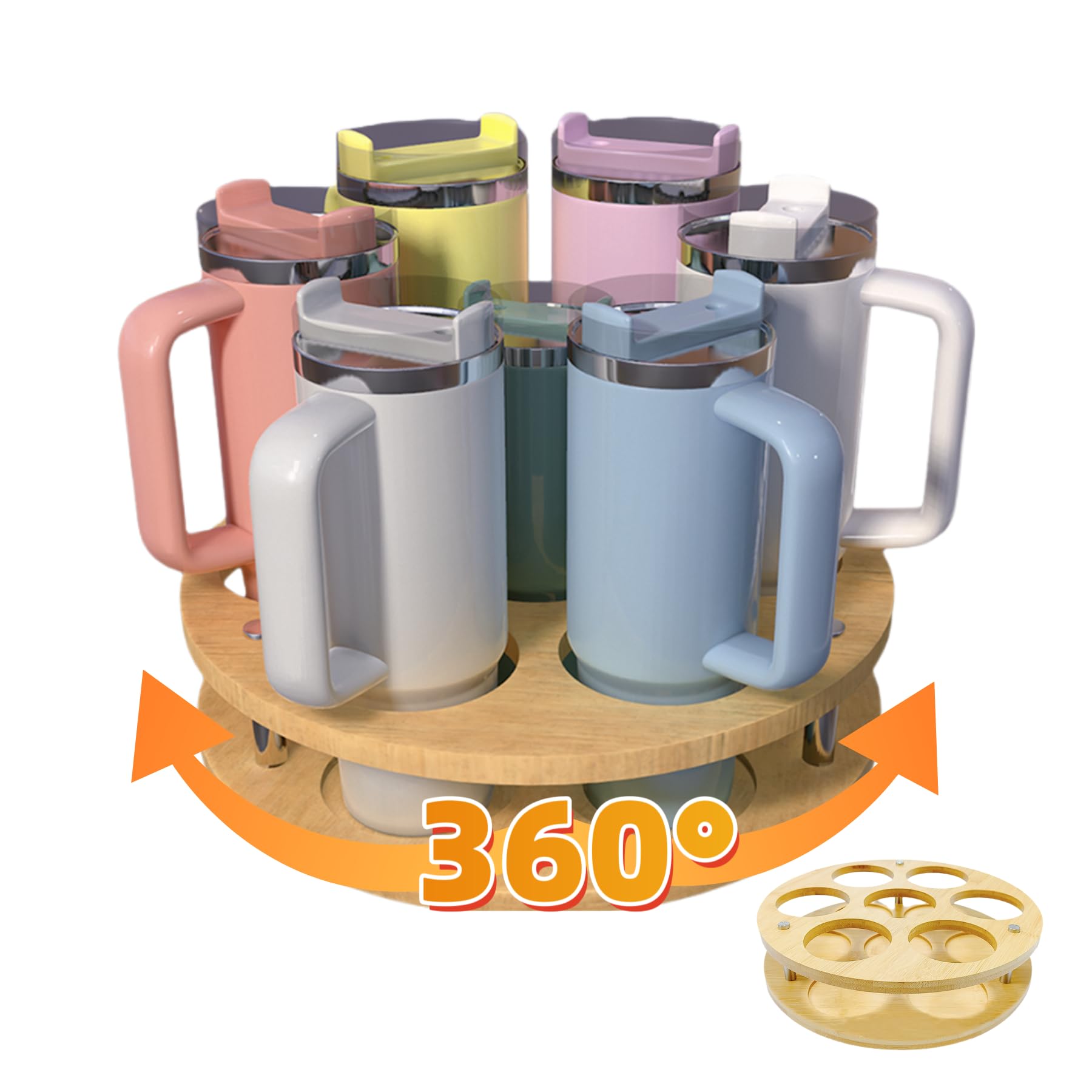 Rotating Bamboo Stanley Cup Organizer - 7-Cup Holder for 14-40oz Tumblers