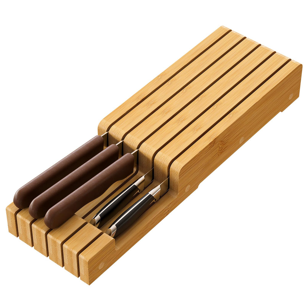 Bamboo In-Drawer Knife Organizer Block - Premium Wooden Cutlery Storage Insert