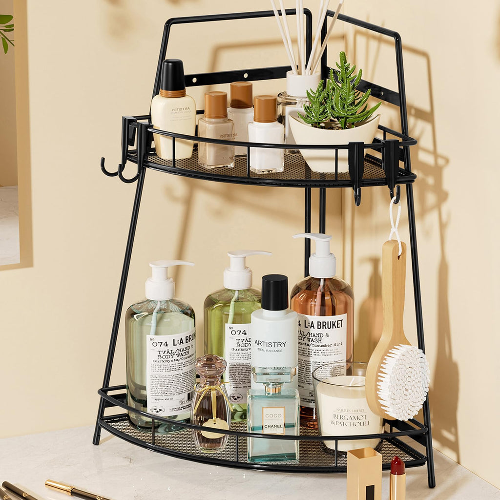 2-Tier Black Metal Corner Bathroom Organizer Shelf - Vanity & Countertop Storage