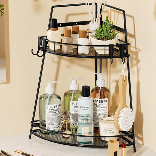 2-Tier Black Metal Corner Bathroom Organizer Shelf - Vanity & Countertop Storage